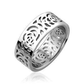 Bague femme acier  bandeau ajour fleuri