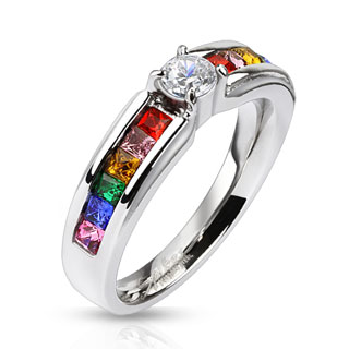 Bague femme acier  lignes de pierres multi-colores