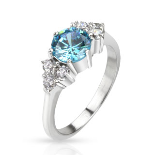 Bague femme acier  pierre bleue et double trio de pierres claires