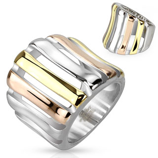 Bague femme acier ajoure  bandes dores, cuivres et argentes