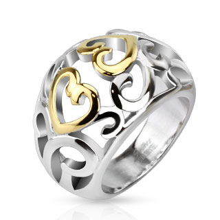 Bague femme acier ajoure  coeurs dors et spirales argentes