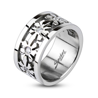 Bague femme acier ajoure  fleurs serties