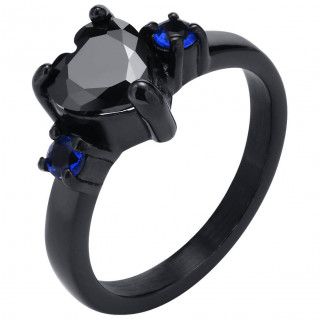 Bague femme acier  coeur zirconium noir bord de zirconiums bleus