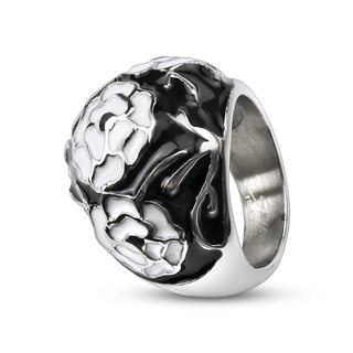 Bague femme acier noire  roses blanches