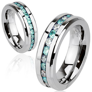 Bague femme acier pave de pierres claires et aqua