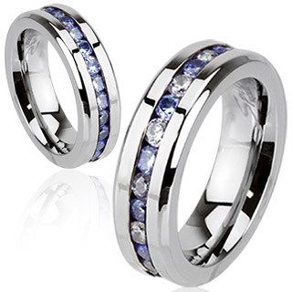 Bague femme acier pave de pierres claires et tanzanite