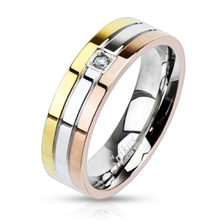 Bague femme acier rainure tricolore sertie