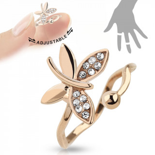 Bague femme ajustable avec papillon à strass en laiton cuivré