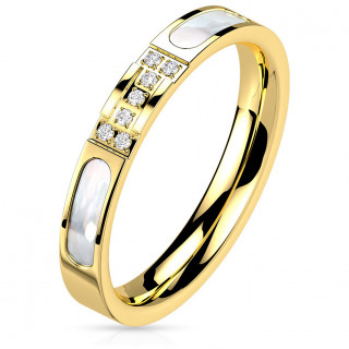 Bague femme doré en acier sertie zirconium et bordée de nacre