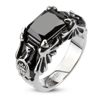 Bague femme en acier  aile de chauve sourie et onyx