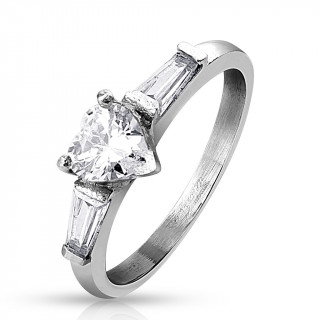 Bague femme en acier  coeur et barettes en zirconium