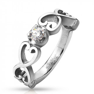Bague femme en acier à couples de coeurs vintages et zirconium