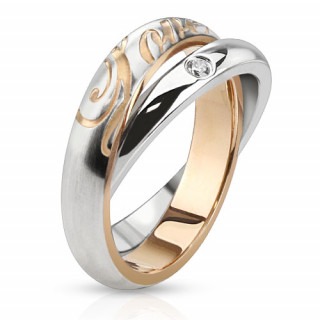 Bague femme en acier à duo d'anneaux serti et gravé