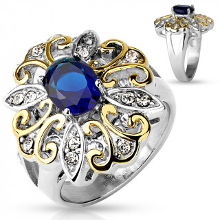 Bague femme en acier  pierre ovale bleue entoure de feuilles et spirales