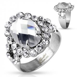Bague femme en acier à pierre ovale claire bordée de strass