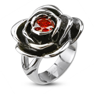 Bague femme en acier à rose noircie avec pierre rouge