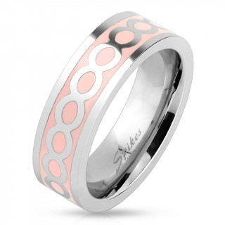 Bague femme en acier avec anneaux de l'infinie sur fond rose
