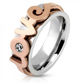 Bague femme en acier  avec "love" cuivré en relief