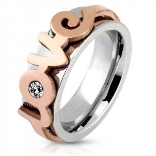 Bague femme en acier  avec "love" cuivr en relief