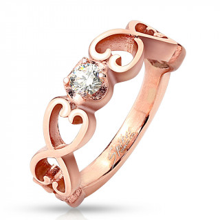 Bague femme en acier cuivr  couples de coeurs vintages et zirconium