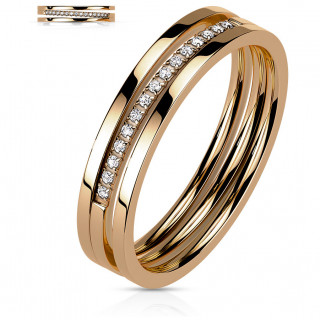 Bague femme en acier cuivré à triple ligne dont une pavée de zirconiums