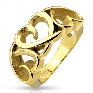 Bague femme en acier doré à coeurs ajourés liés