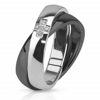 Bague femme en acier duo noir et argent avec croix