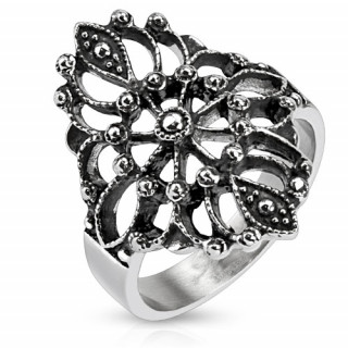 Bague femme en acier noirci avec fleur style antique