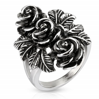 Bague femme en acier noirci avec roses et feuilles