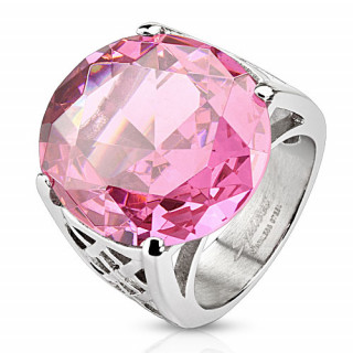 Bague femme en acier style alvol avec large pierre rose