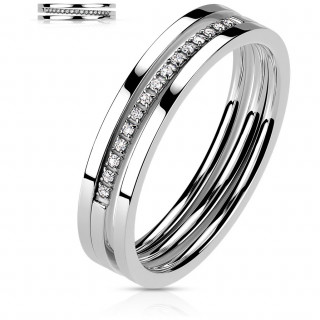 Bague femme en acier  triple ligne dont une pave de zirconiums