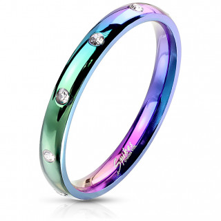 Bague femme fine en acier multicolore constelle de 10 strass