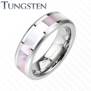 Bague femme tungstene  bandes de nacre rose