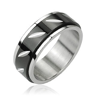 Bague homme en acier avec anneau anti-stress noir rainur