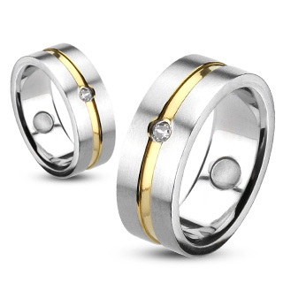 Bague homme acier  bande creuse dore et sertie