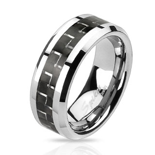 Bague homme acier  bande de fibre de carbone noire