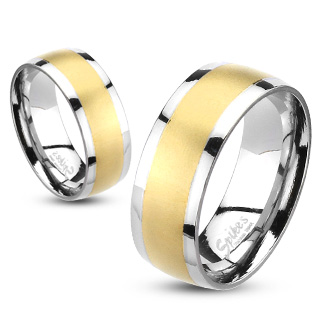 Bague homme acier à bande dorée