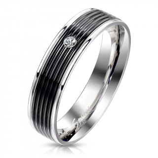 Bague homme acier  bande noire rainure sertie