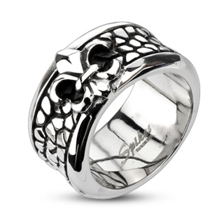 Bague homme acier  bandeau caill et fleur de Lys