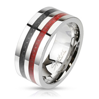 Bague homme acier  à bandes de fibre de carbone noire et rouge
