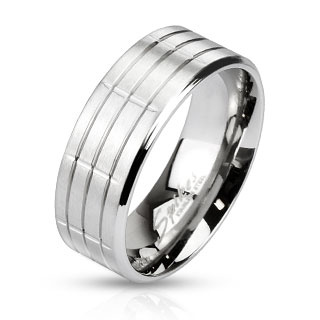 Bague homme acier  bandes et rainures croises