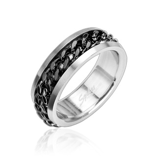 Bague homme acier  chane noire au centre