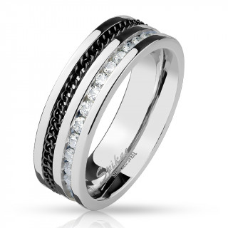 Bague homme acier  chaine noire et strass clairs