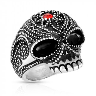 Bague homme acier à crane perlé et pierre rouge