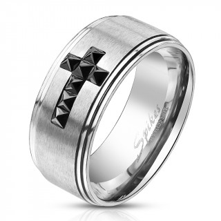 Bague homme acier  croix de zirconiums noirs