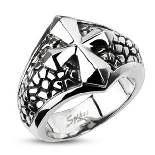 Bague homme acier à écailles et croix fléchée