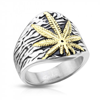 Bague homme acier  feuille de cannabis dore