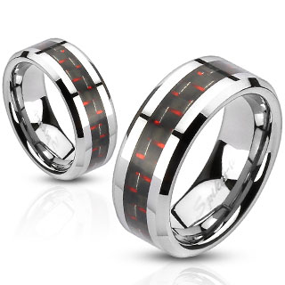 Bague homme acier  fibre de carbone noire et rouge