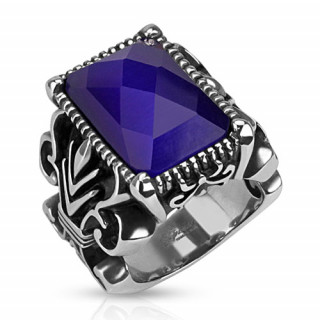 Bague homme acier  fleurs de Lys sculptes et pierre bleue