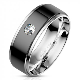 Bague homme acier  large bande noire sertie